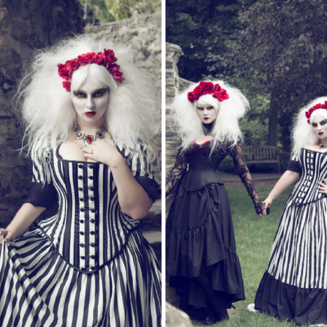 Tim Burton Wedding Gown - Black White Stripe Victorian Steampunk