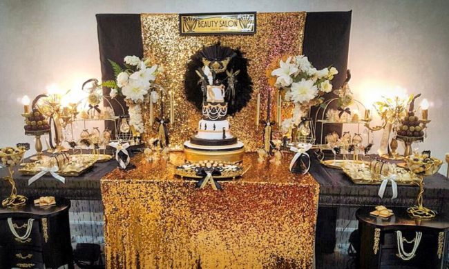 Chic Gatsby Themed Wedding Centerpiece Cake Dessert Table