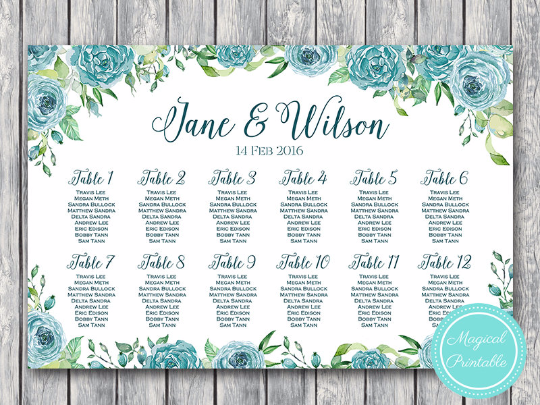 Teal Floral Printable Custom Wedding Seating Chart th77 wc161