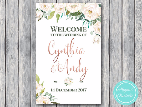 White Floral Garden Personalized Welcome wedding sign th61