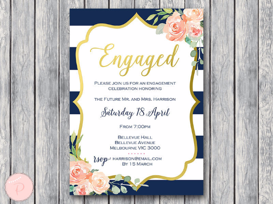 Navy and Gold Floral Printable Engagement Party Invitation