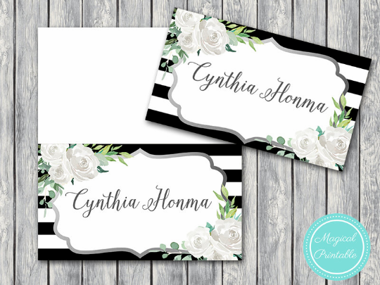 Black-White-Stripe-Ivory-Floral-File-Wedding-Name-cards-Tags-Printable-Tent-Style