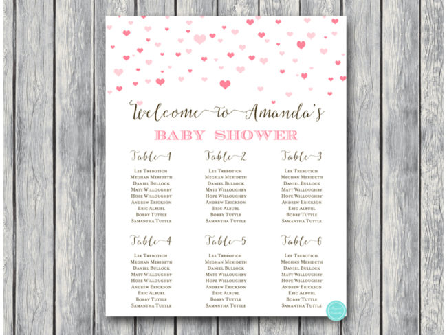 sn595 hearts baby shower seating chart pink girl hearts printable