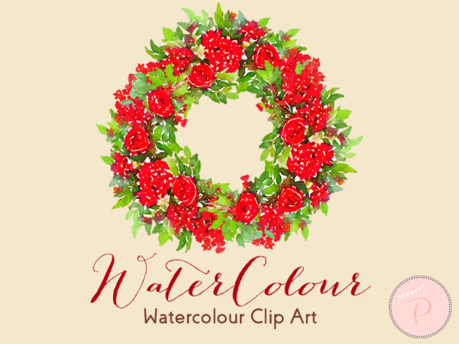 WCA1 red rose flower clipart watercolor wreath