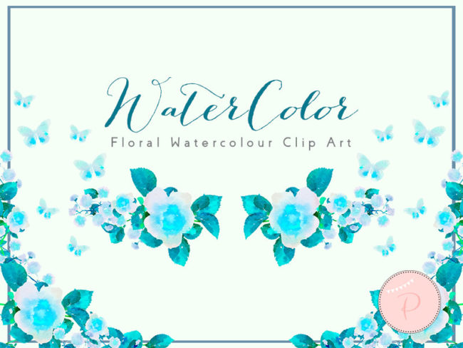 Turquoise Butterfly Watercolor, Blue Floral Clip art