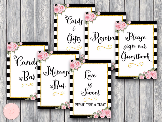 Chic Black White Gold Pink Floral Bridal Shower Table Signs Package