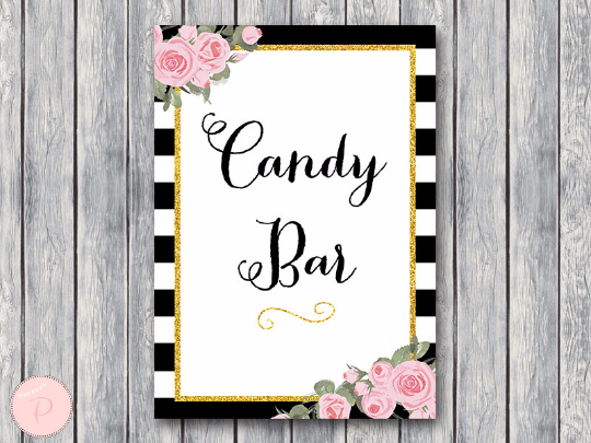 Chic Black White Gold Pink Floral Candy Bar Sign