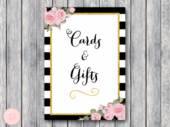 Chic Black White Gold Pink Floral Cards and Gifts Sign Printable