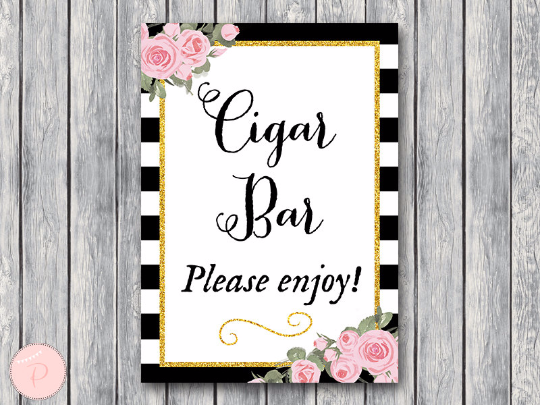 Chic Black White Gold Pink Floral Cigar Bar Sign Instant Download