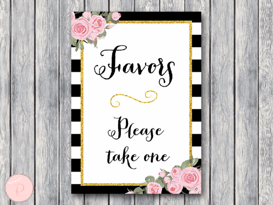 Chic Black White Gold Pink Floral Favors Sign Printable