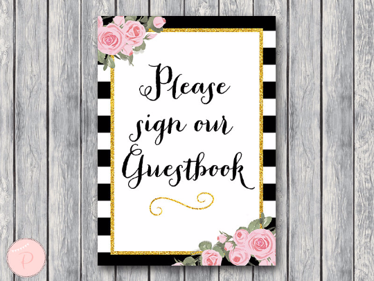 Chic Black White Gold Pink Floral Guestbook Sign Printable