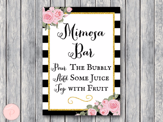 Chic Black White Gold Pink Floral Mimosa Bar Sign 1