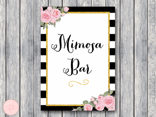 Chic Black White Gold Pink Floral Mimosa Bar Sign