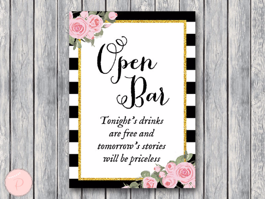 Chic Black White Gold Pink Floral Open bar sign