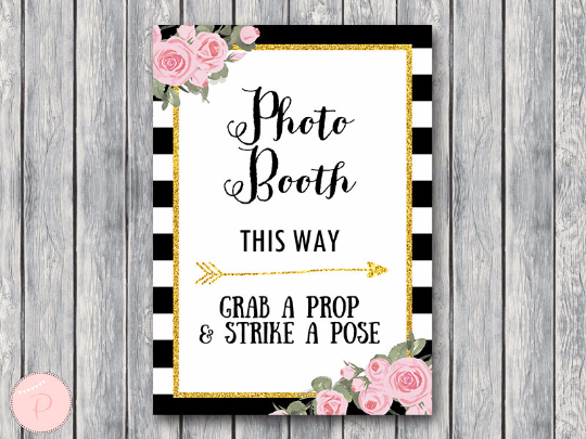 Chic Black White Gold Pink Floral Photobooth Sign