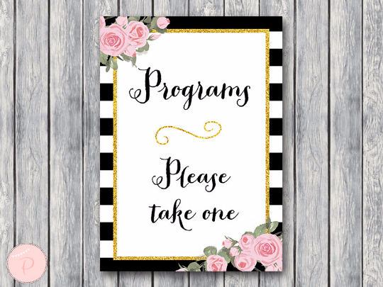 Chic Black White Gold Pink Floral Programs sign Printable