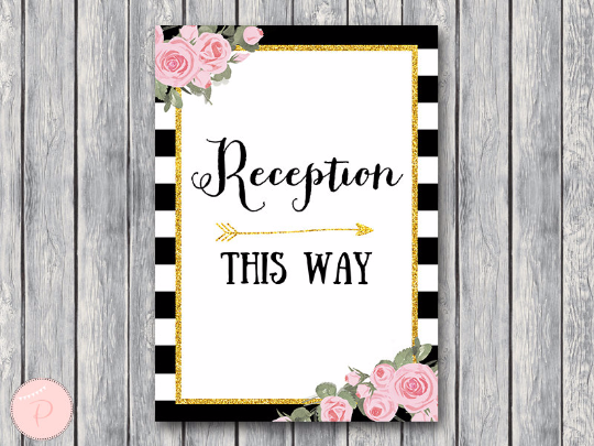 Chic Black White Gold Pink Floral Reception Sign Instant Download