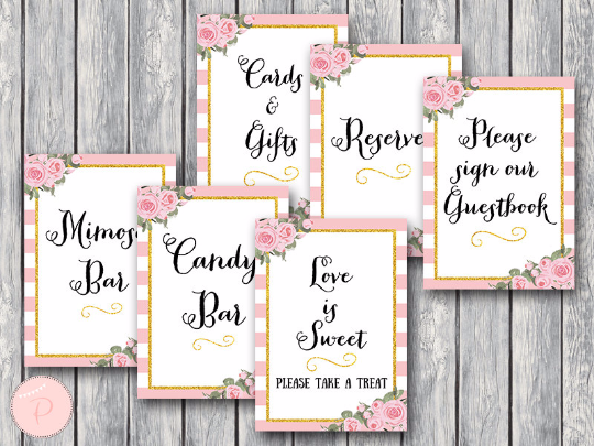 Gold Pink Peonie Bridal Shower Table Signs Package