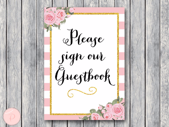 Gold Pink Peonie Guestbook Sign Instant Download