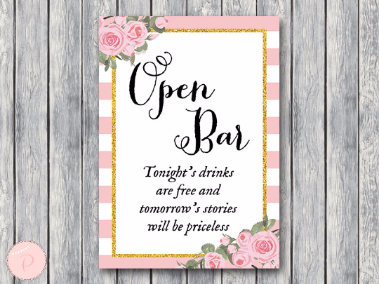 Gold Pink Peonie Open bar sign Instant Download