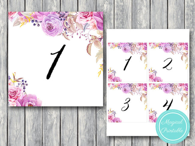 Purple Floral Wedding Table Numbers Printable, DIY Table Number Sign, Wedding Table Numbers - Digital File