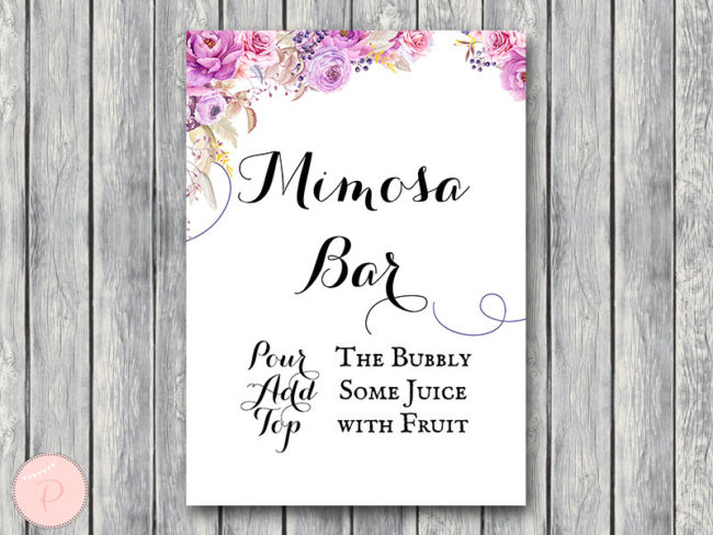 wd72-Purple Flower Mimosa Bar Sign, Bubbly Bar Sign printable