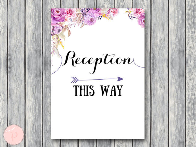 wd72-Purple Flower Reception Sign, Wedding Direction Sign