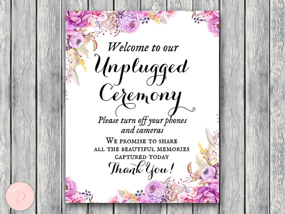 wd72-Unplugged Ceremony Sign, No phones or cameras purple flower boho