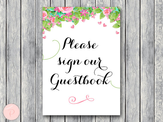 wd73 Pink Heart Flower Guestbook Sign, Instant Download, Decoration
