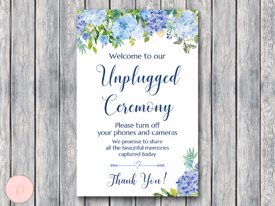 Blue Hydrangea Unplugged Ceremony Sign