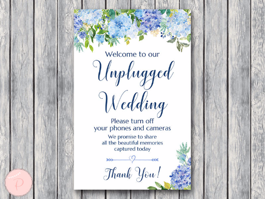 Blue Hydrangea Unplugged Wedding Sign