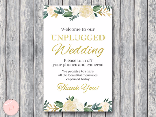 No Cell Phone Download 110-G Floral Unplugged Wedding Sign Gold Boho Personalised Unplugged Wedding Printable Sign Unplugged Welcome Sign