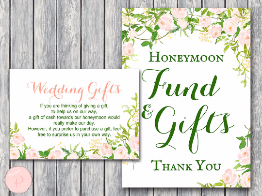 Garden Wedding Gifts Fund Honeymoon Fund Card and Sign