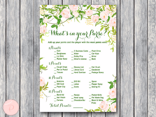 Garden Whats in your Purse Bridal Shower Game