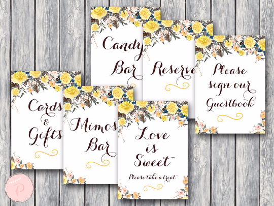 Rustic Yellow Bridal Shower Table Signs Package