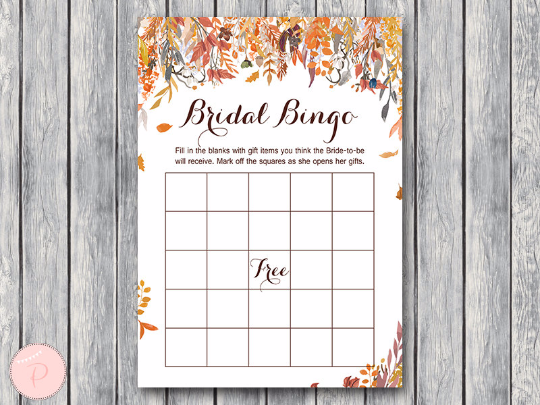 Autumn Fall Bridal Shower Bingo Printable Bridal Bingo
