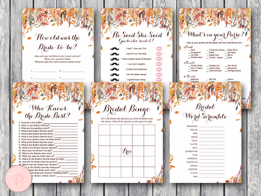 Autumn Fall Bridal Shower Games Package