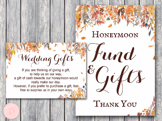 Autumn Fall Honeymoon Fund Card and Sign Wedding Gift Card