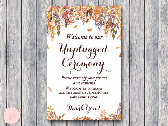 Autumn Fall Unplugged Ceremony Sign No phones or cameras