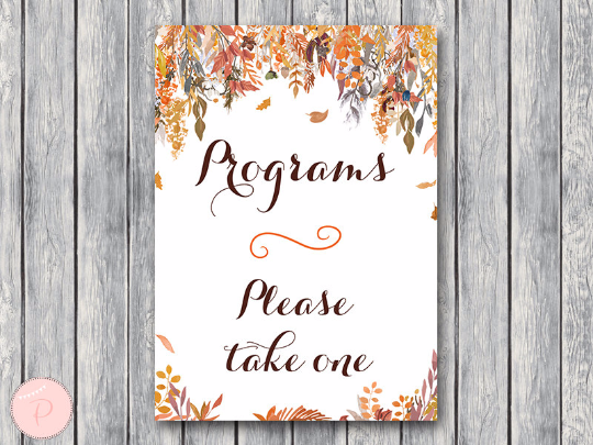Autumn Fall Wedding programs sign Printable
