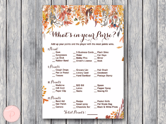 Autumn Fall Whats in your Purse Bridal Shower Game