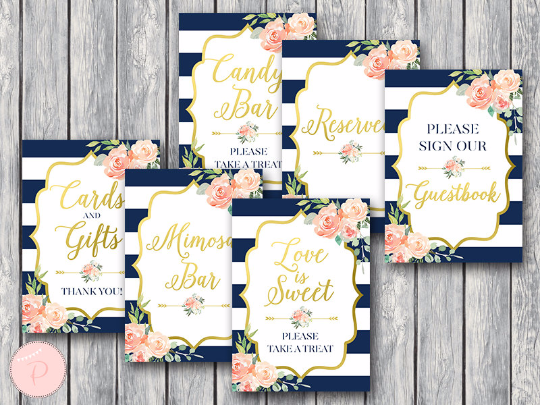Boho Navy Gold Bridal Shower Table Signs Package-Gld