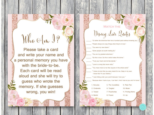 Rose-gold-floral-bridal-shower-games-who-am-i-disney-love-quote