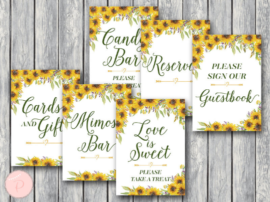 Sunflower Summer Bridal Shower Table Signs Package