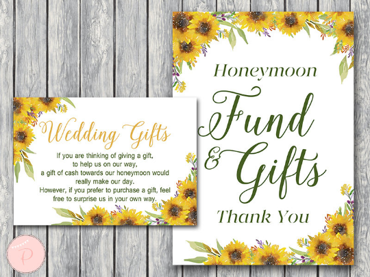 Sunflower Summer Honeymoon Fund Card and Sign Wedding Gift