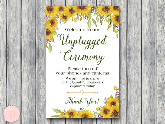 Sunflower Summer Unplugged Ceremony Sign No phones or cameras