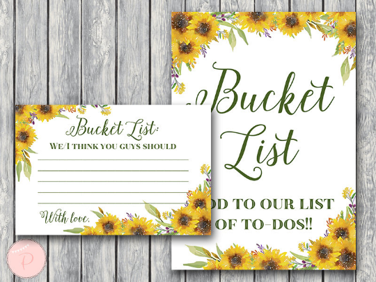 Sunflower Summer Wedding Bucket List Printable