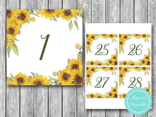Sunflower Summer Wedding Table Numbers Printable