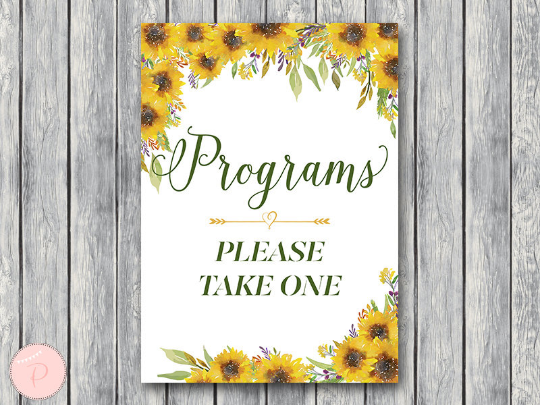 Sunflower Summer Wedding programs sign Printable Instant Download