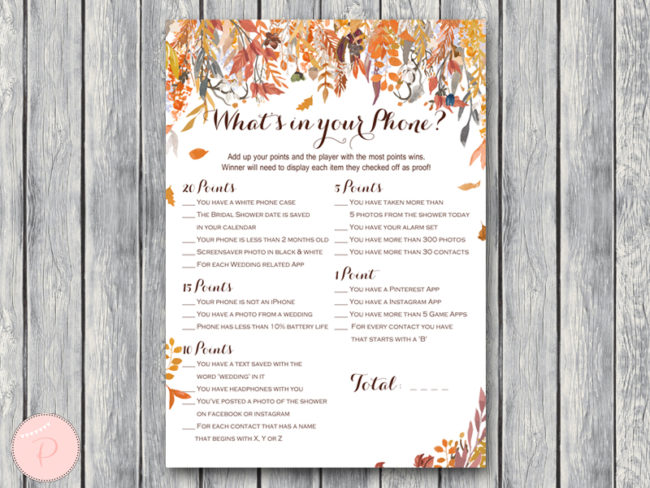 TH47 -5x7-Whats-in-your-phone-autumn-bridal-shower-couples-shower-game